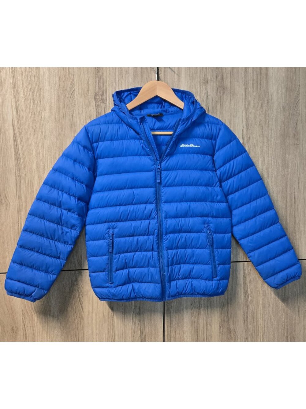 Eddie Bauer Youth Duck Down Puffer Hoodie Jacket Blue Chunky Ribbed Winter M